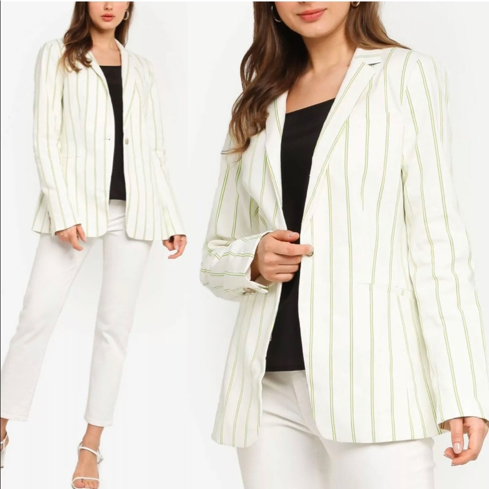 Banana Republic Lime Sorbet Neon Stripe Long & Lean Linen Blend Blazer Sz 10